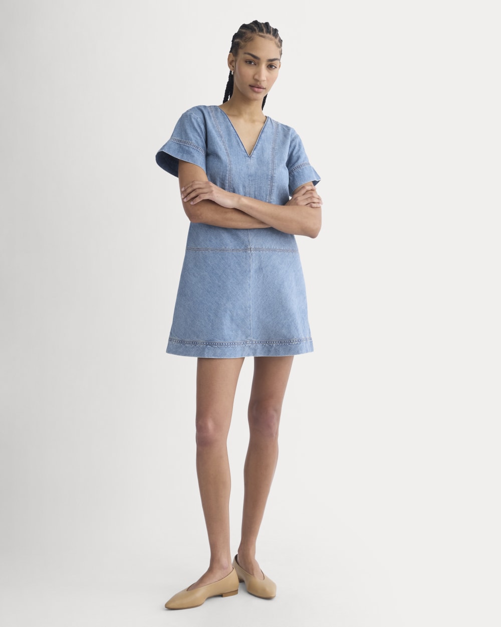 Denim Short-Sleeve Dress in Light Indigo — detail view