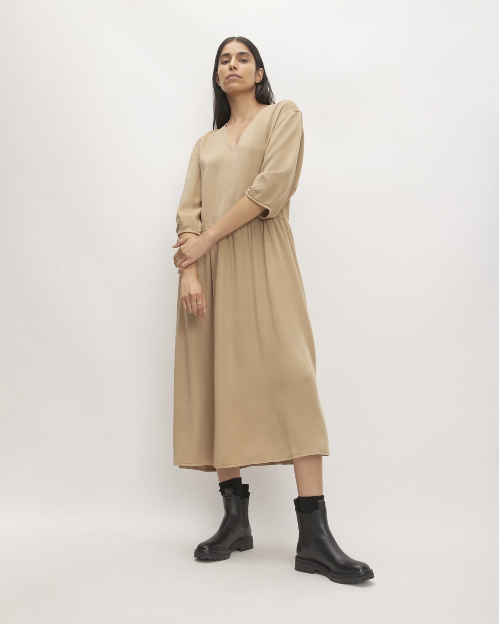 The TENCEL™ Puff-Sleeve Dress in Cornstalk — front view
