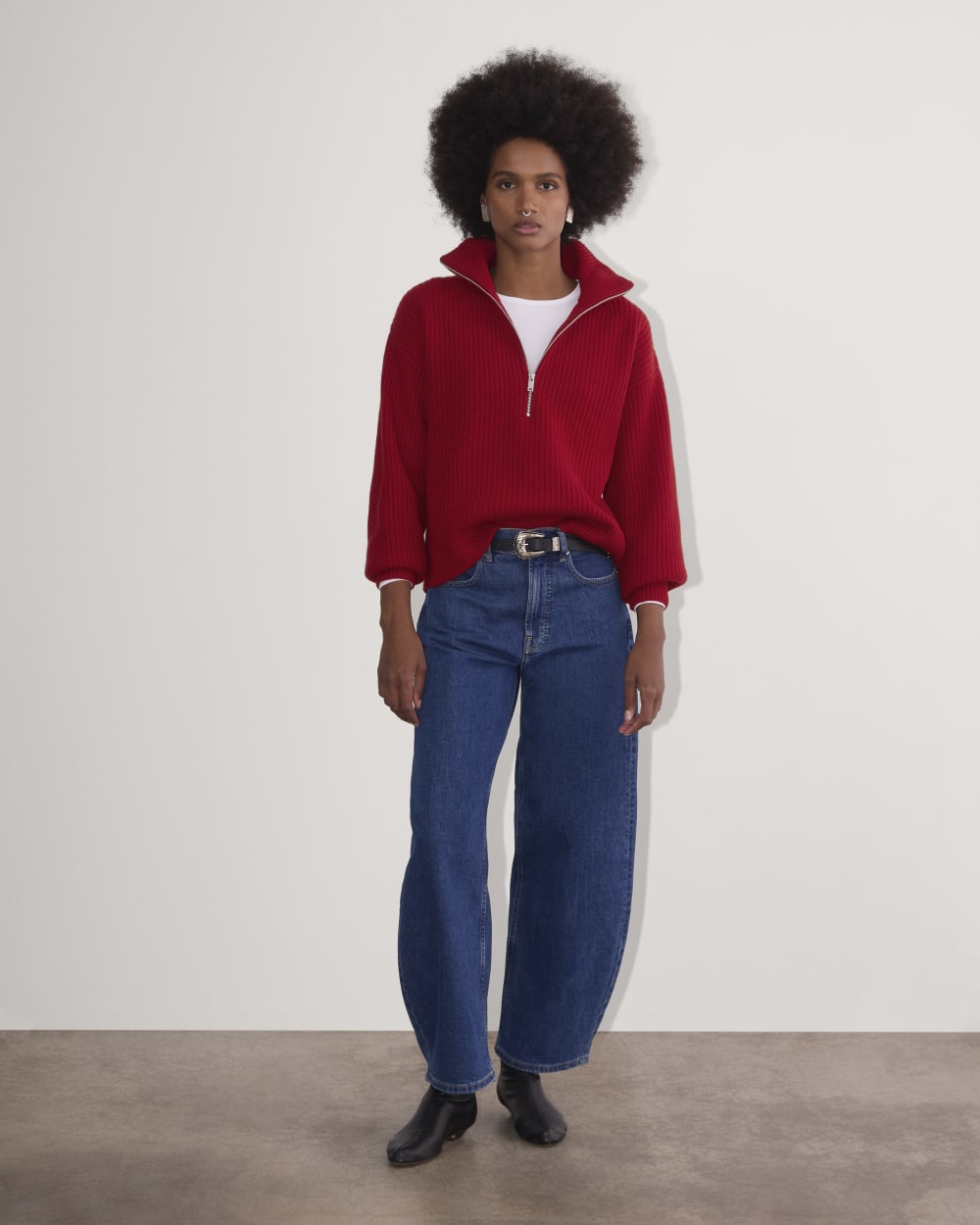 The Half-Zip Sweater in Luxe Merino in Berry Red — detail view