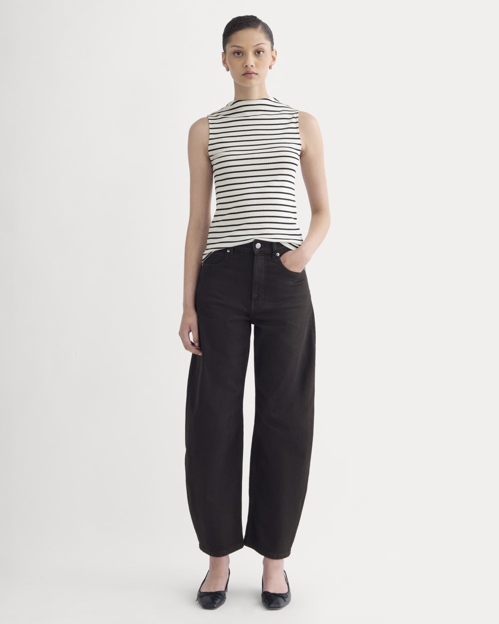 The Luxe Rib Funnel-Neck Tank in Bone / Black — detail view
