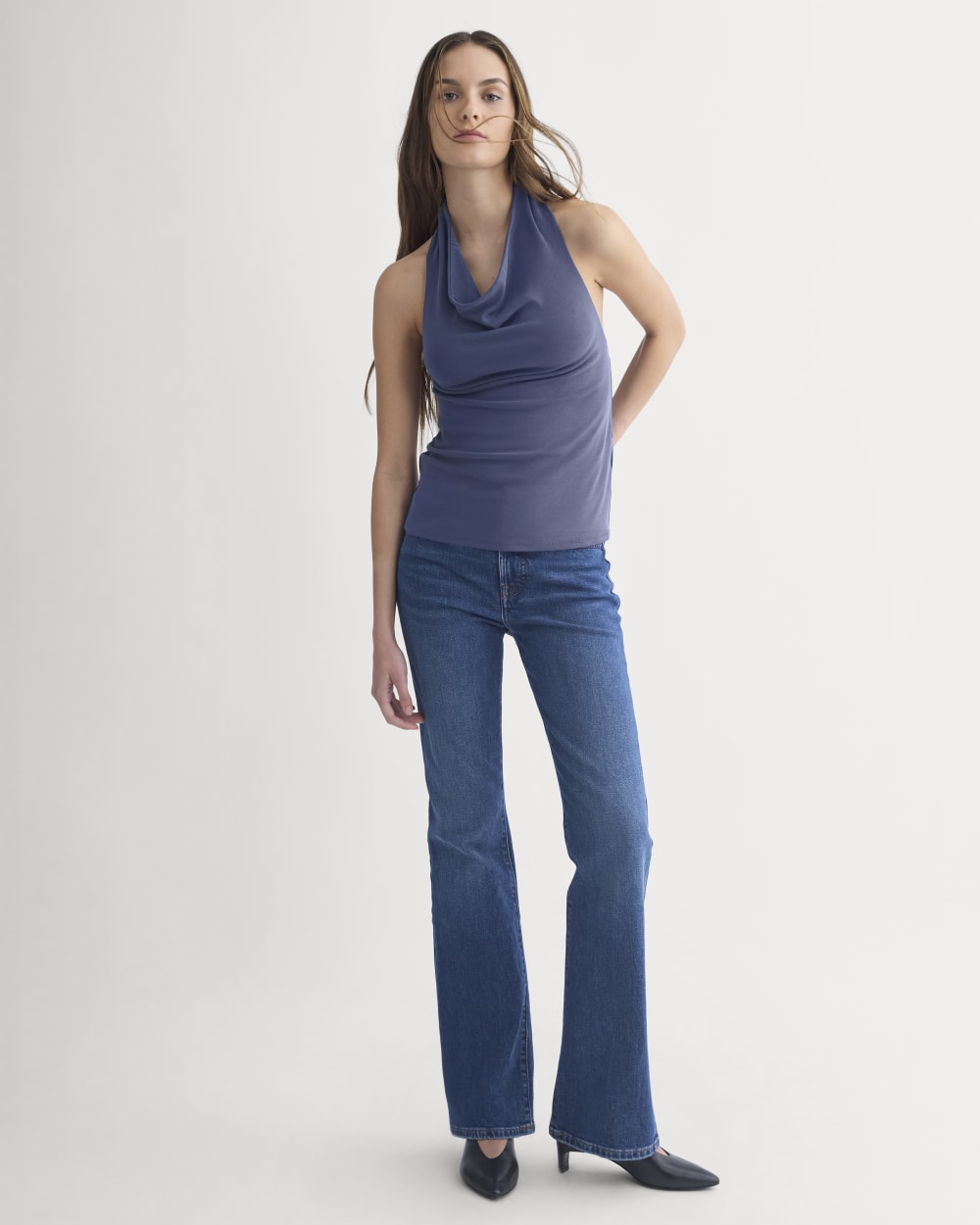 Halter Cowlneck Top in Butterknit in Washed Navy — detail view