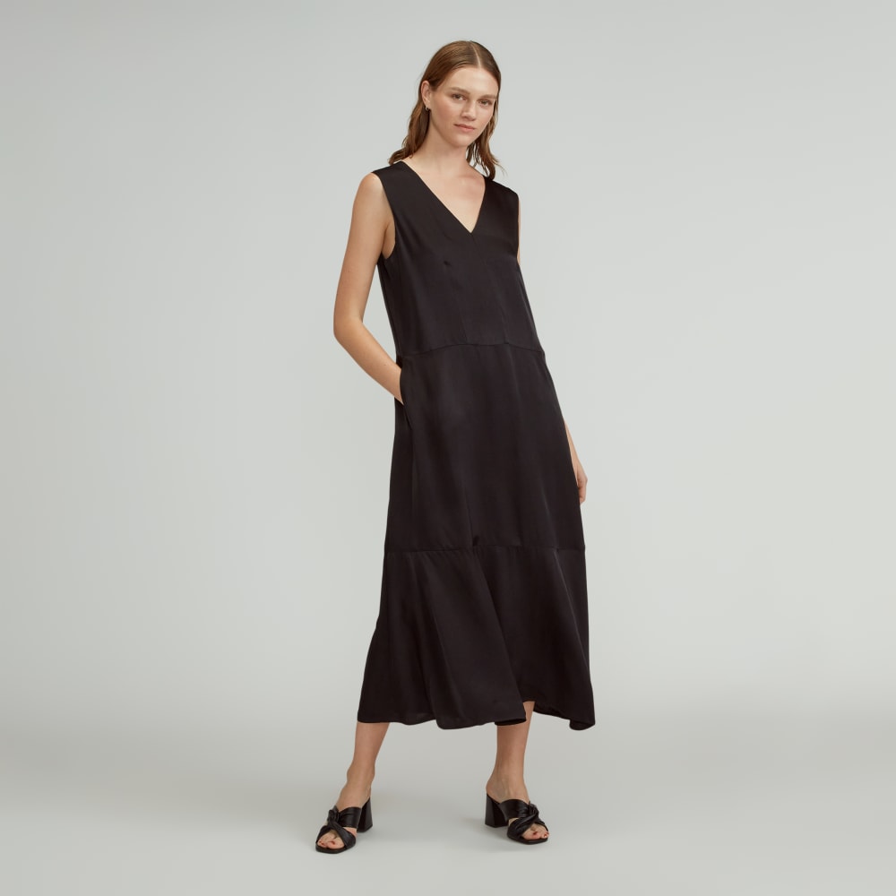 The Satin V-Neck Maxi Dress in Black — front view