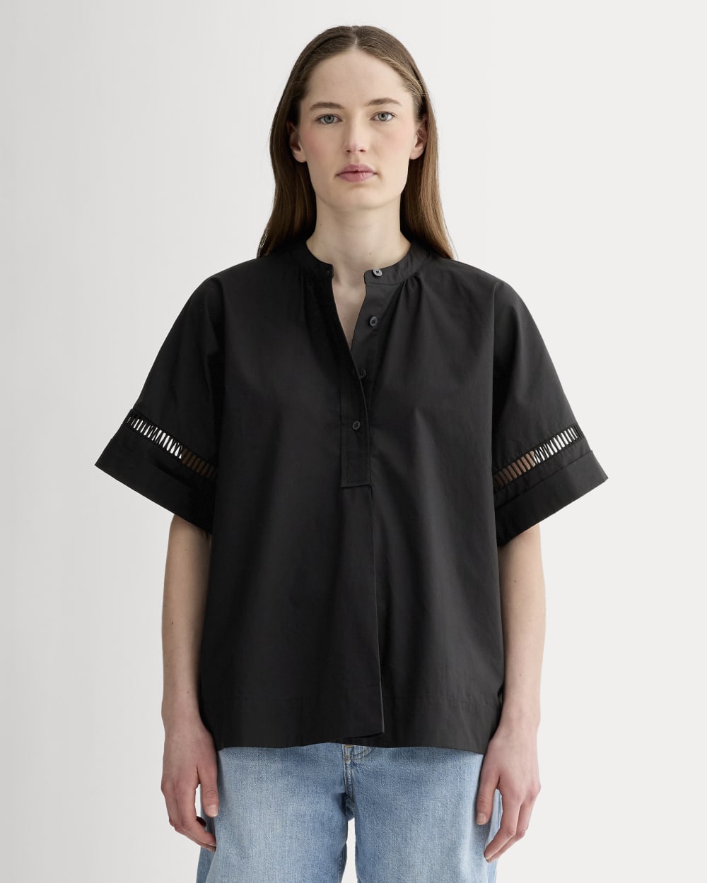 The Lace Trim Popover in Black — front view
