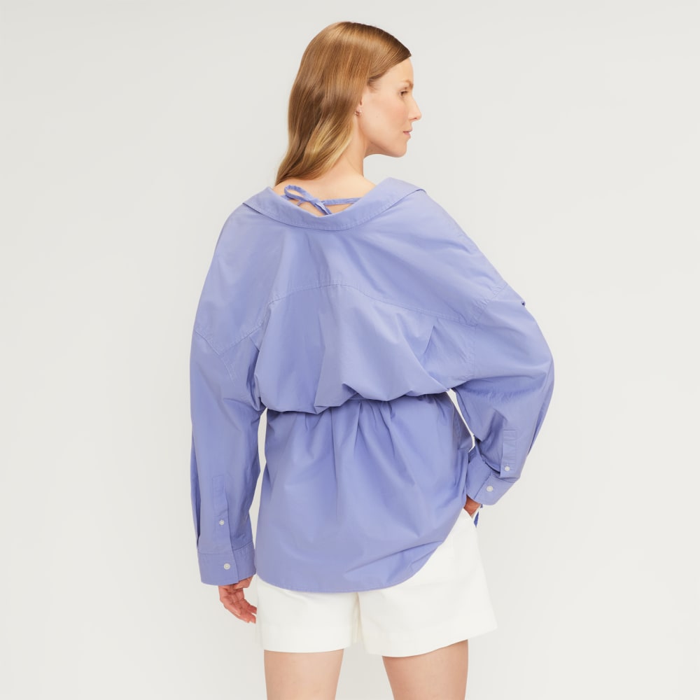 The Poplin Tie Back Shirt in Cornflower Blue — detail view