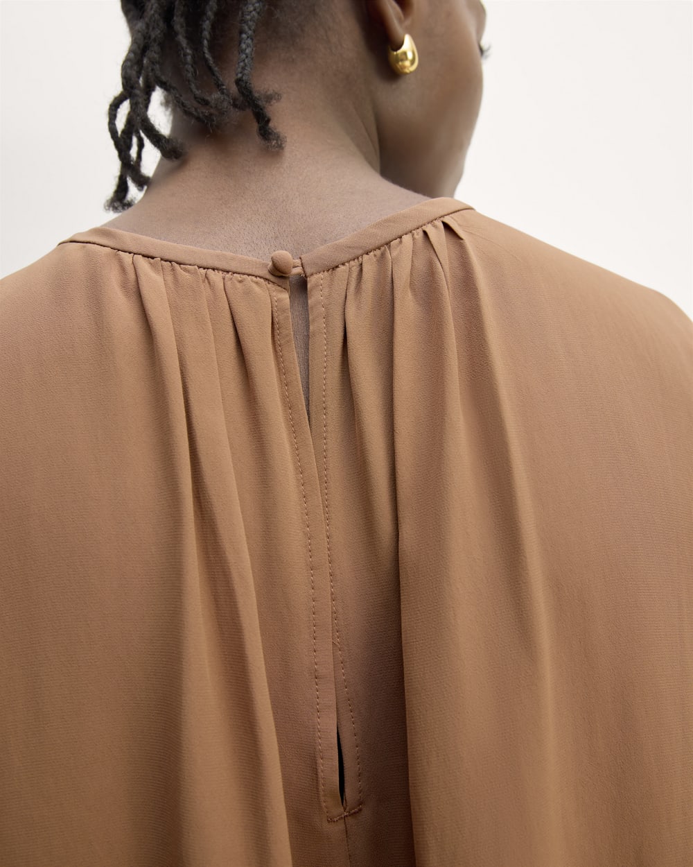 The Gathered Neck Top in Carob Brown — detail view