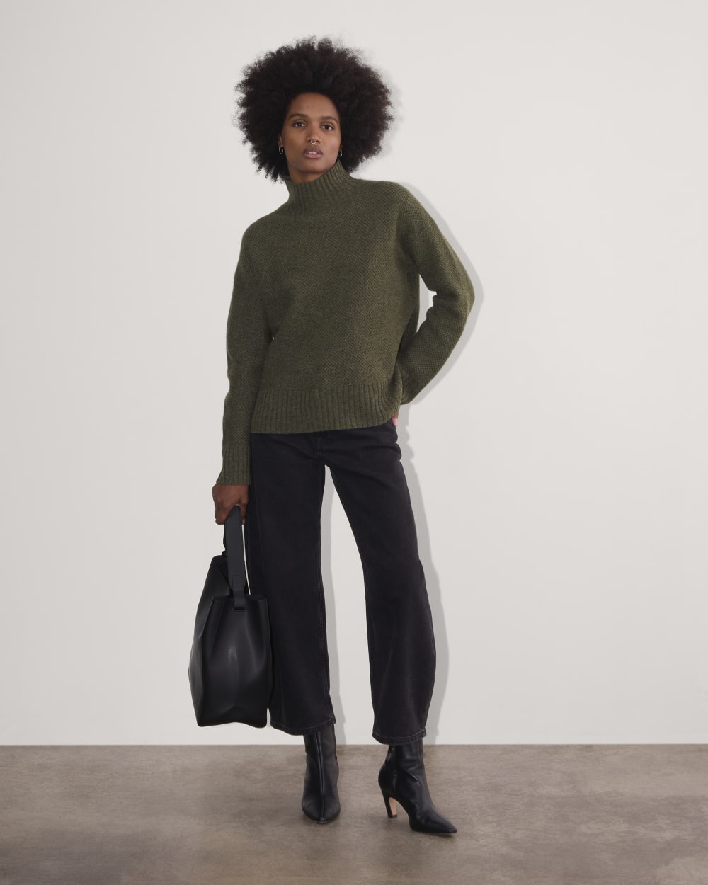 The Honeycomb Funnel Neck in Wool Cashmere in Heathered Army Green — detail view