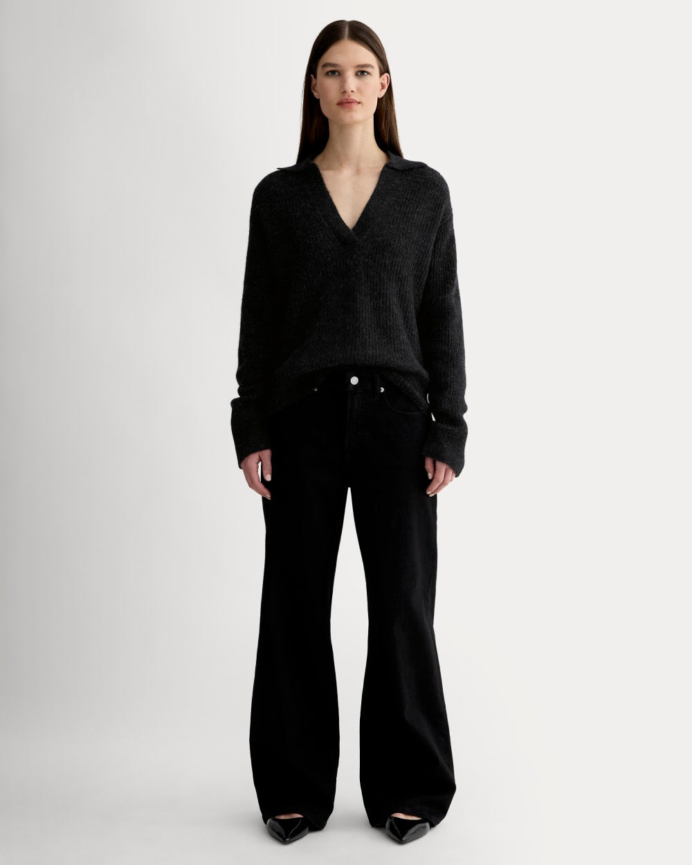 The Oversized Polo in Alpaca in Heathered Black — detail view