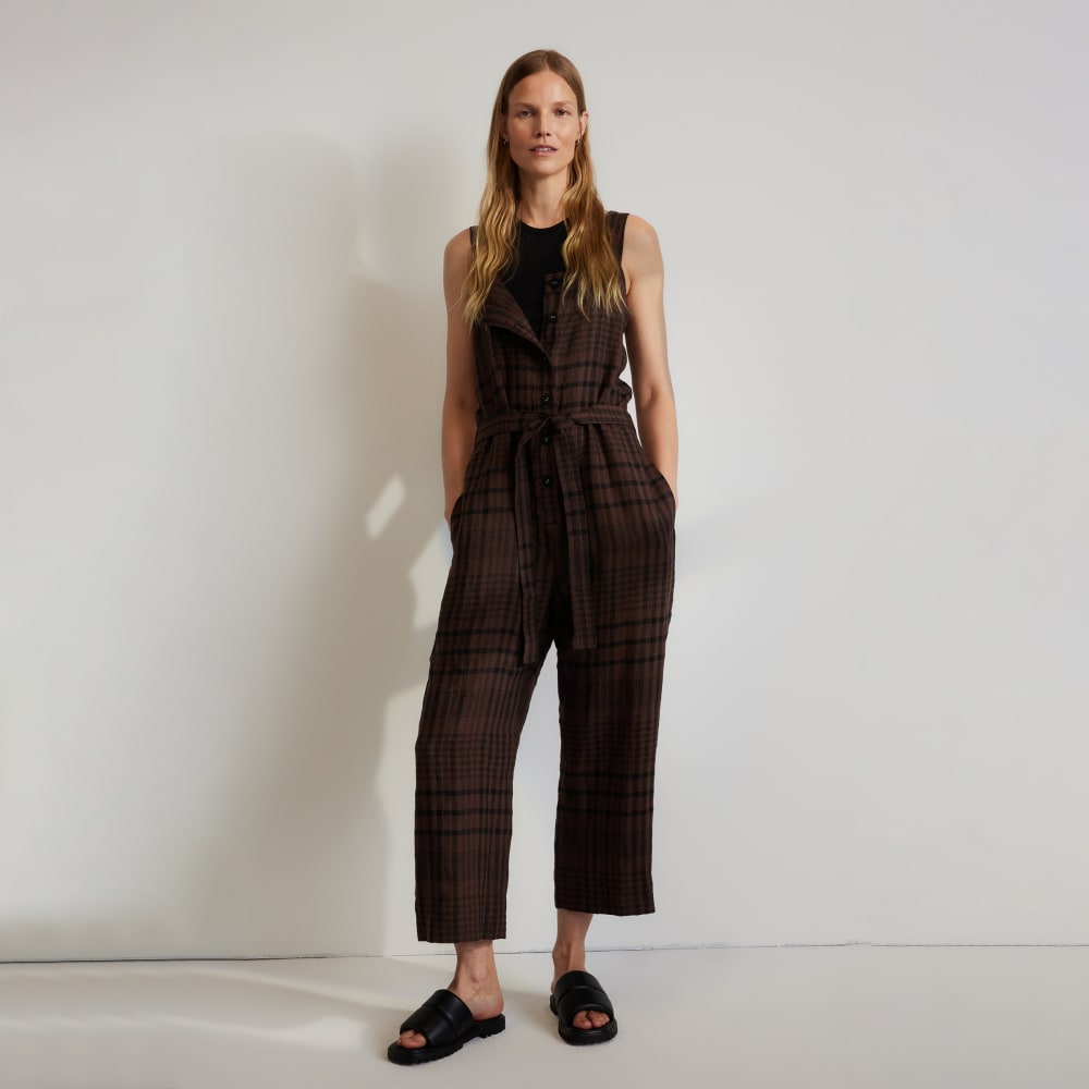 The Linen Jumpsuit in Chocolate Brown / Black — front view
