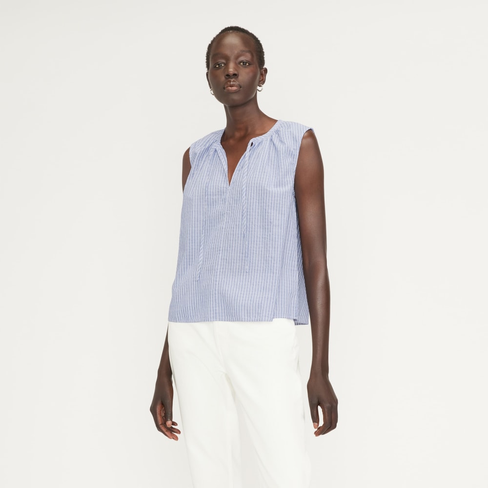 The Gathered Tie-Front Top in Mazarine Blue / Optic White — front view