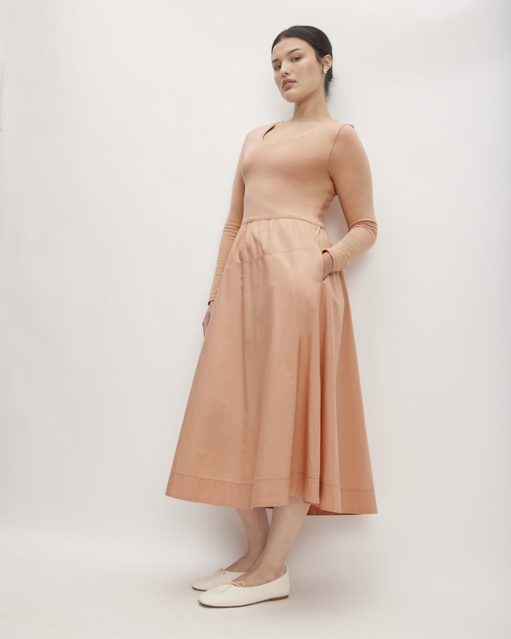 The Long-Sleeve Riviera Dress in Blush Pink — detail view