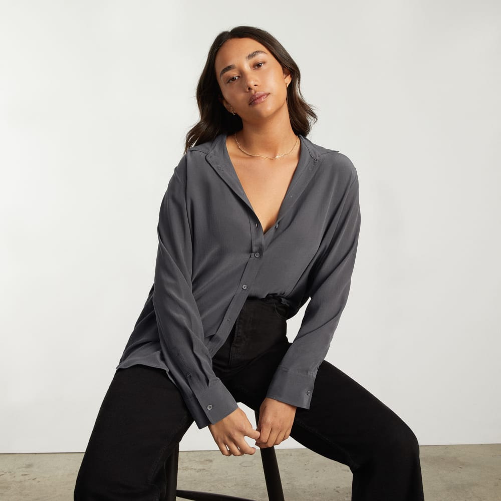 The Must-Have Shirt in Washable Silk in Slate Grey — detail view