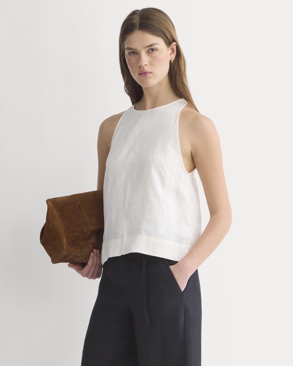 The Linen High-Neck Tank in Bone — front view