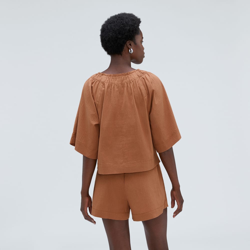The Seersucker Gathered Tee in Tawny Brown — detail view