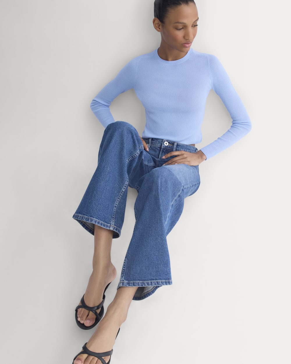 The Cropped Crew Top in Ultrafine Merino in Open Air Blue — detail view