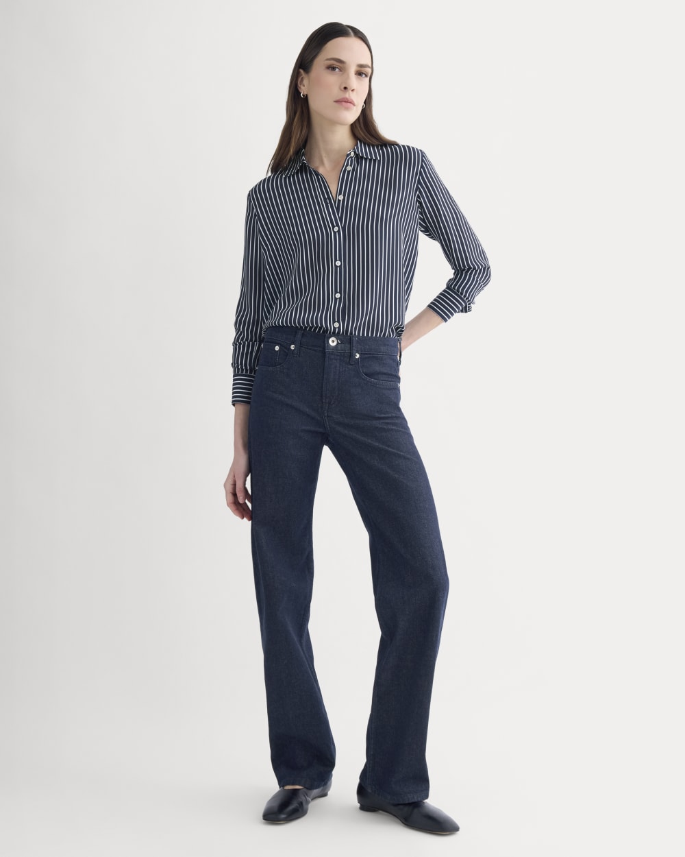 The Must-Have Shirt in Washable Silk in True Navy / Bone Stripe — detail view