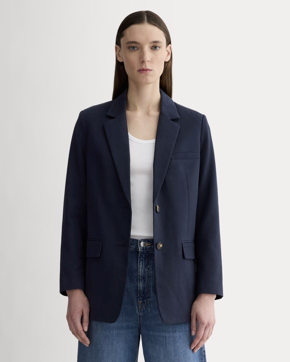 The Oversized Blazer in Buttersmooth in Navy — front view