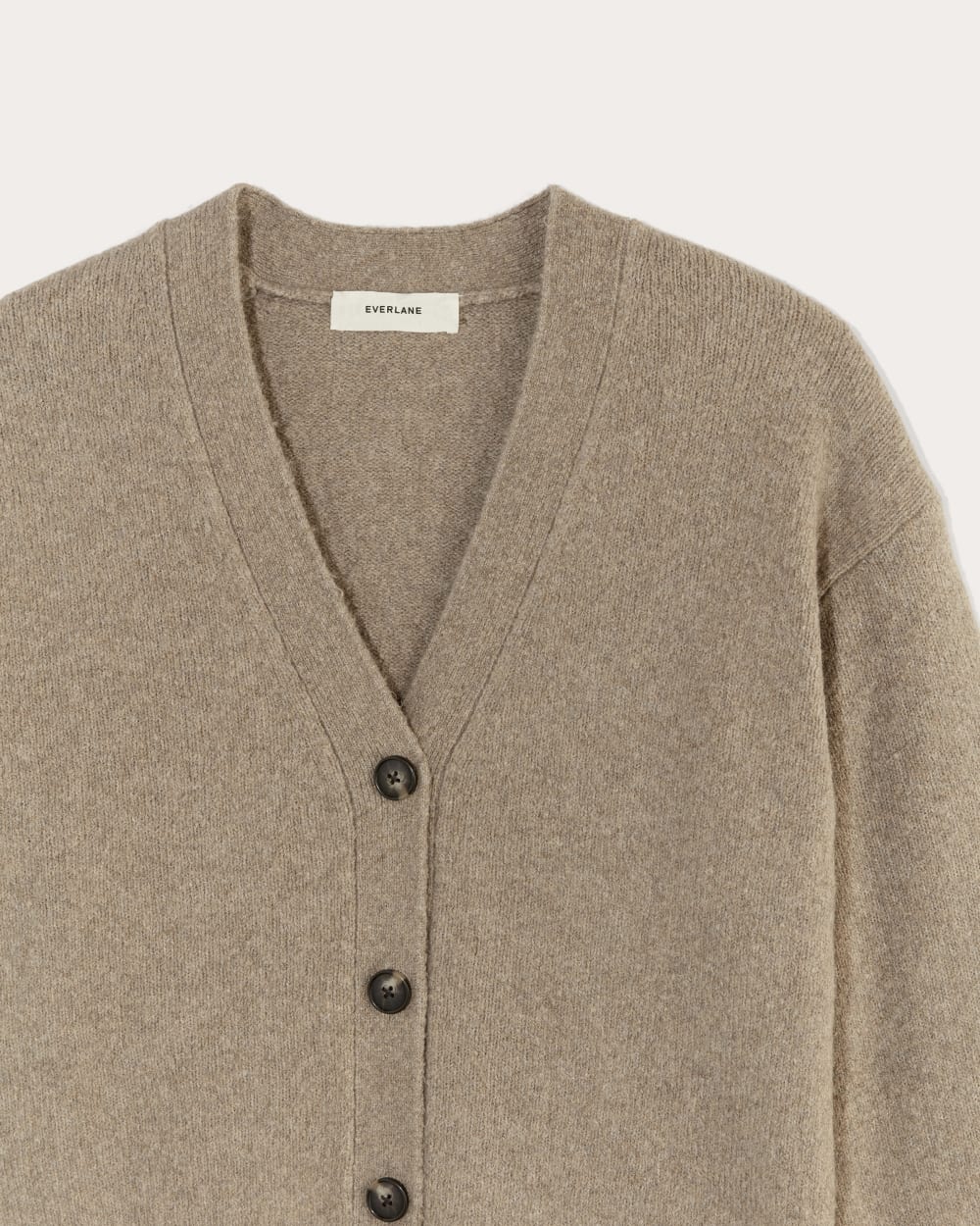 The Cocoon Cardigan in Plush Cotton in Heather Taupe — detail view