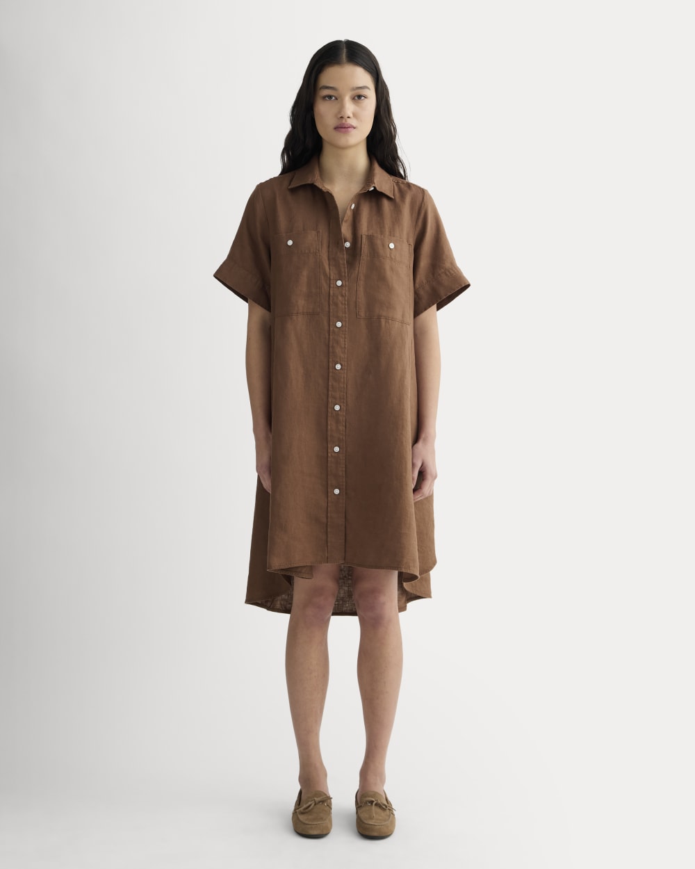 The Daytripper Dress in Linen in Cedarwood — front view