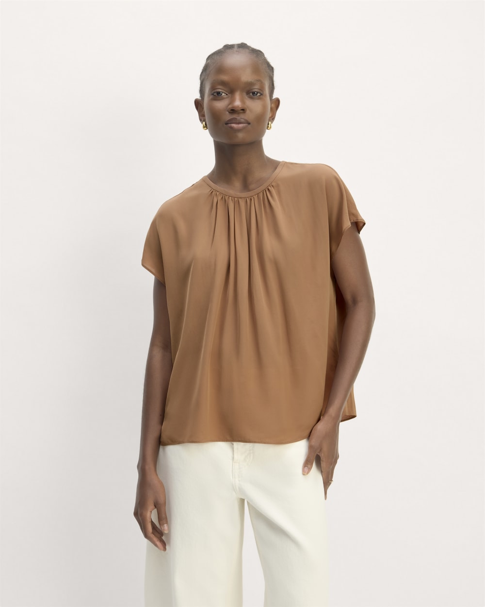 The Gathered Neck Top in Carob Brown — detail view