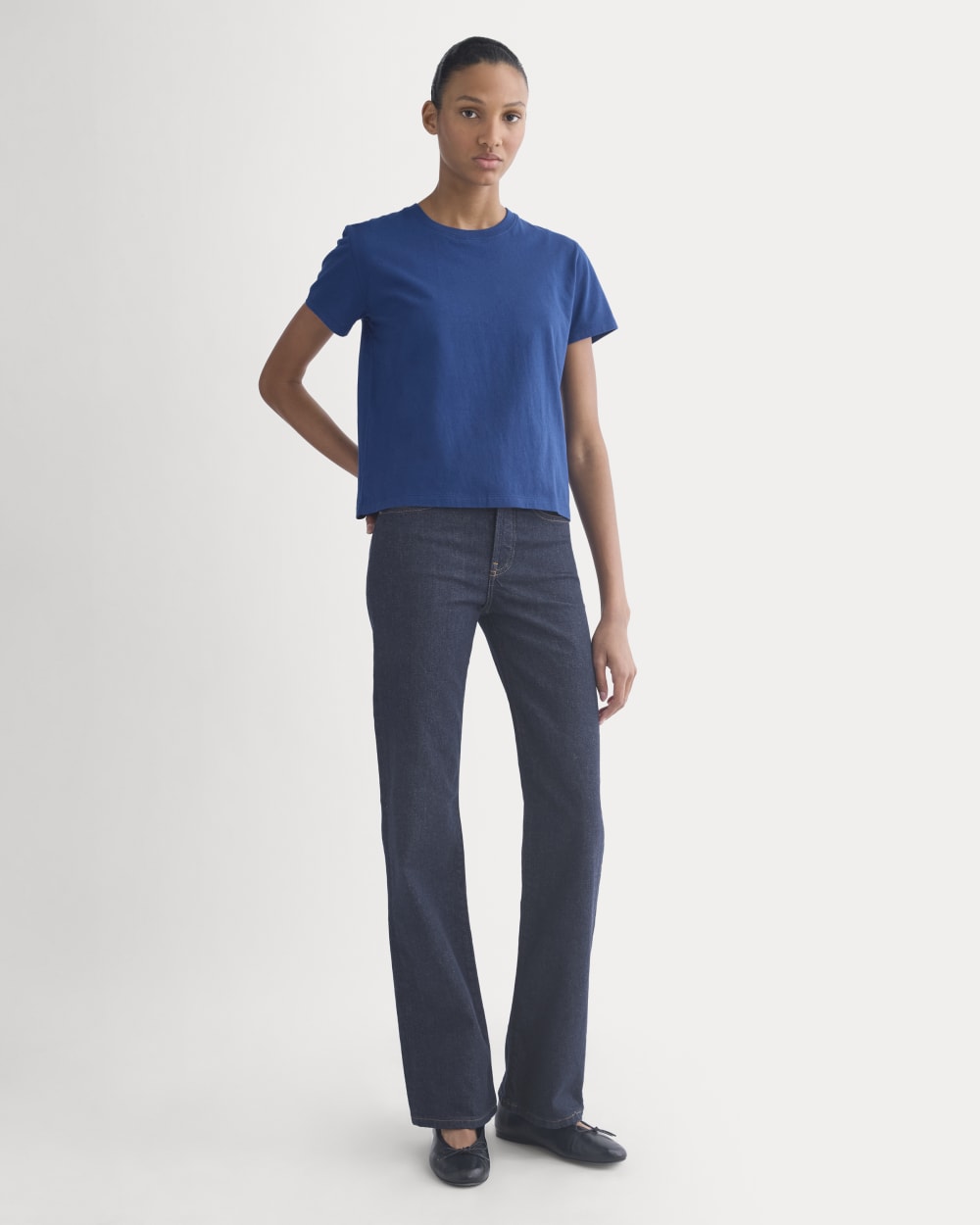 The Box-Cut Tee in Essential Cotton in Estate Blue — detail view