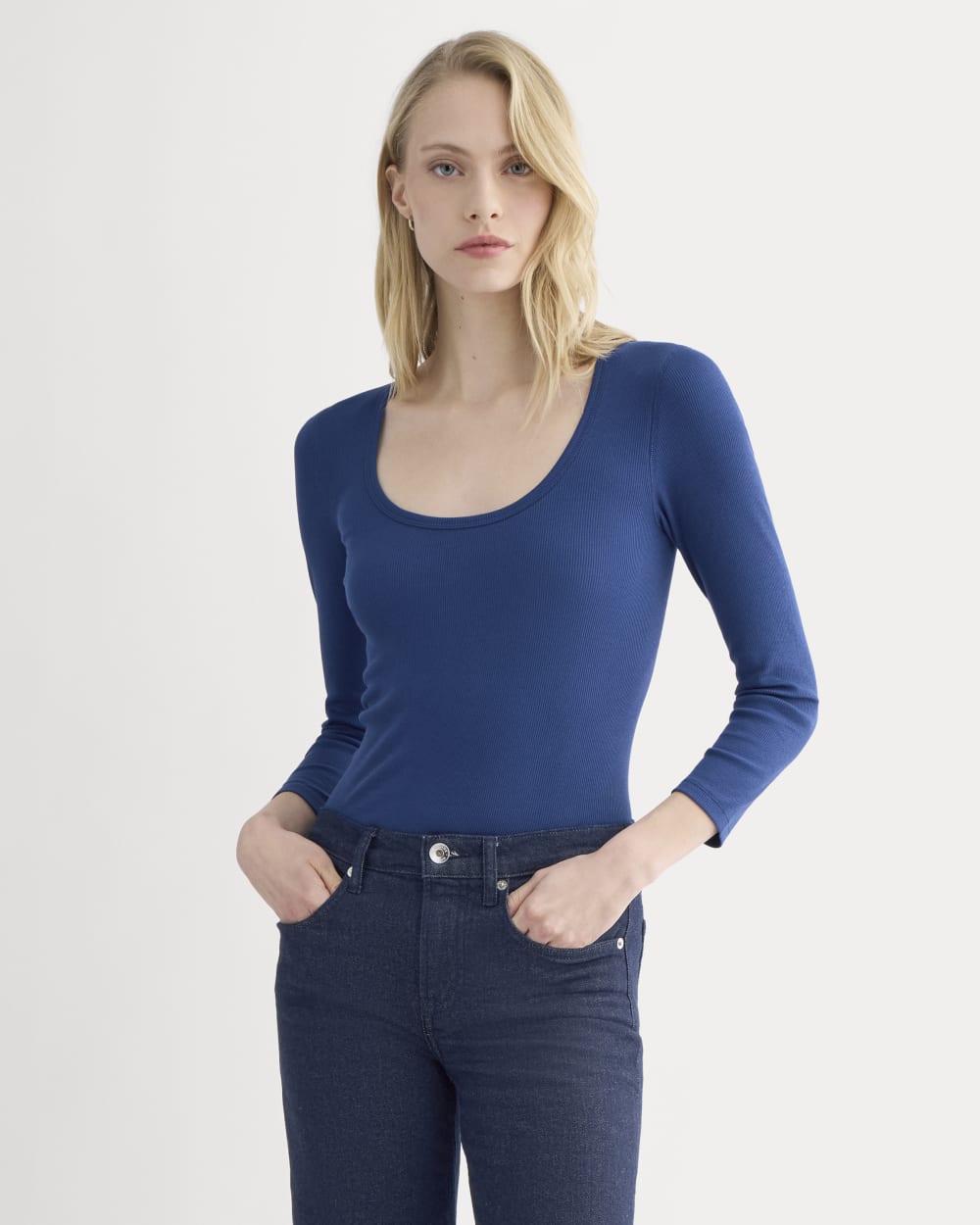 Luxe Rib Deep U-Neck Top in Estate Blue — detail view