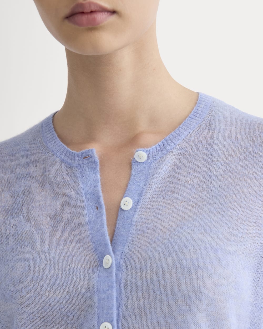 The Air Alpaca™ Short-Sleeve Cardigan in Soft Blue — detail view