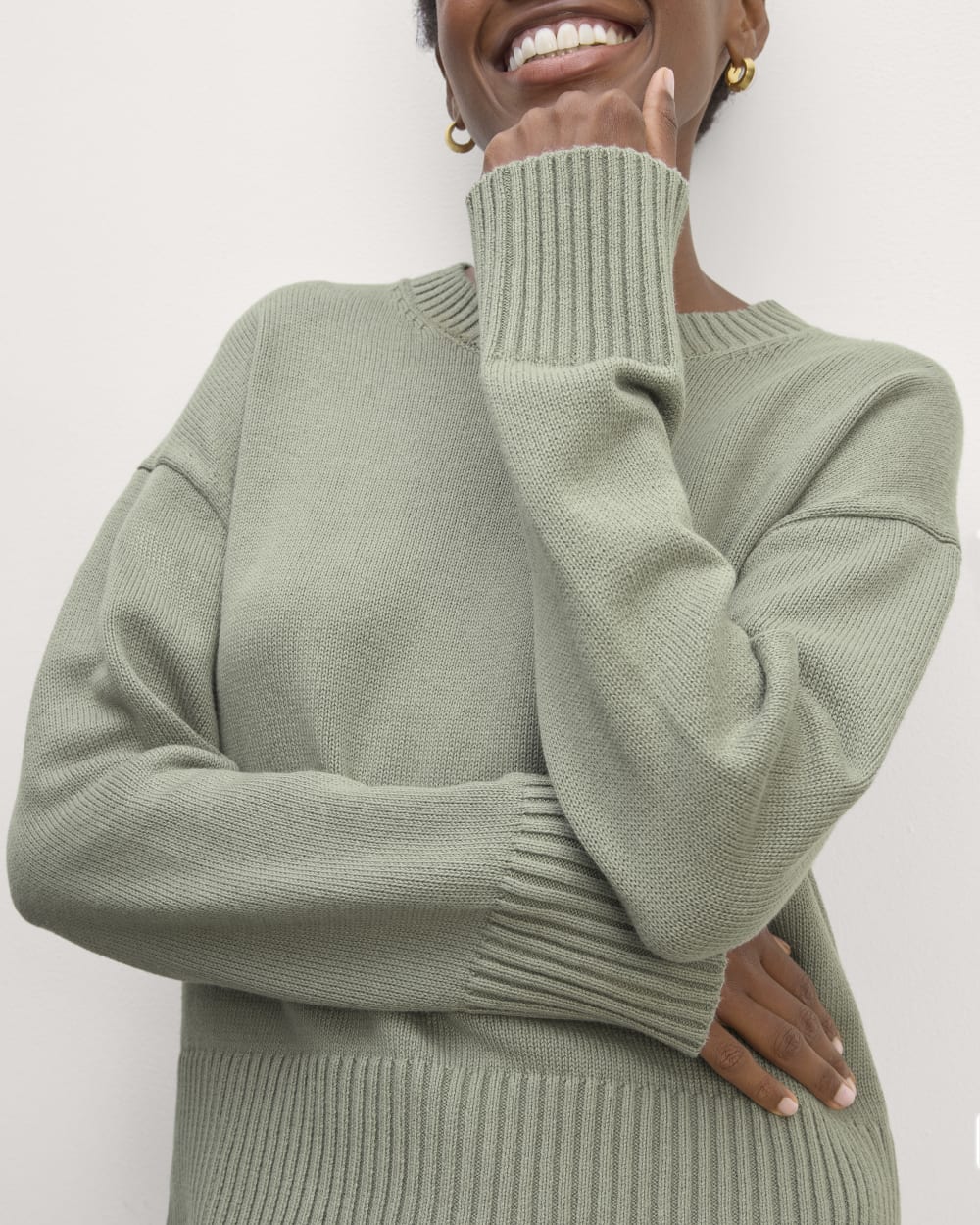 The Boxy Sweater in Everyday Cotton in Sage Green — detail view