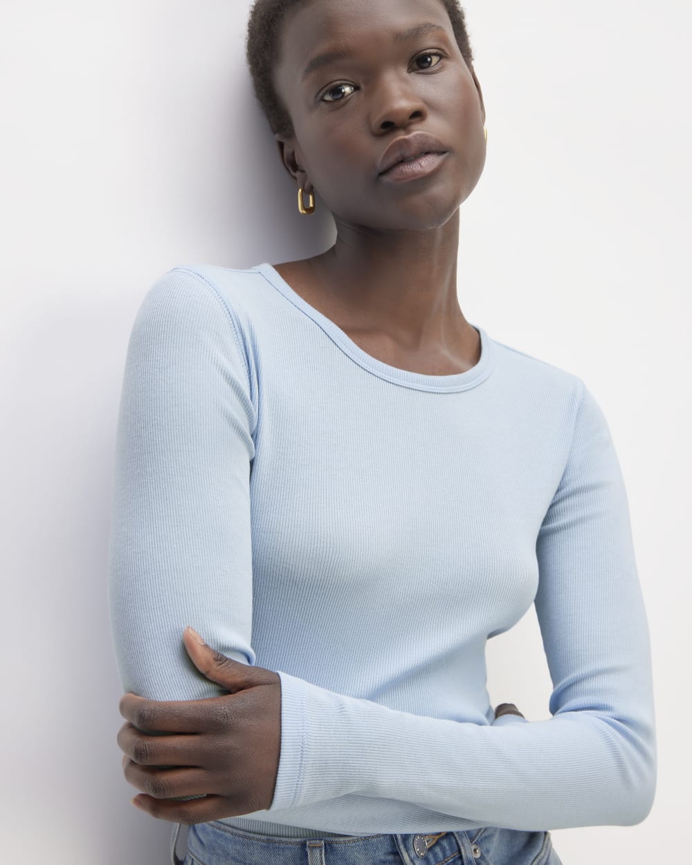 The Luxe Rib Long-Sleeve Crew in Chambray Blue — detail view
