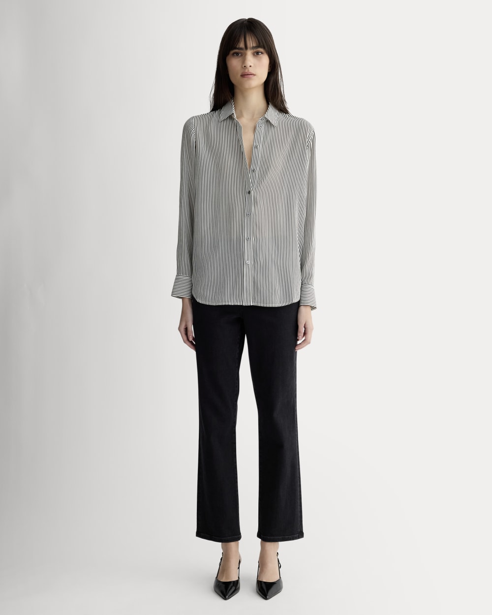The Must-Have Shirt in Washable Silk in Black Micro Stripe — detail view