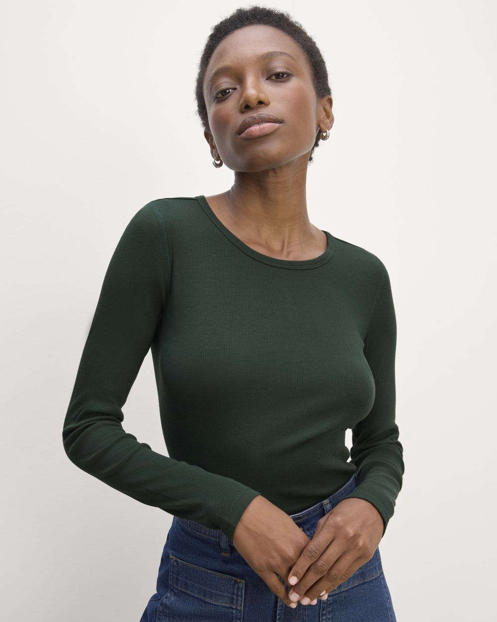 The Luxe Rib Long-Sleeve Crew in Scarab — front view