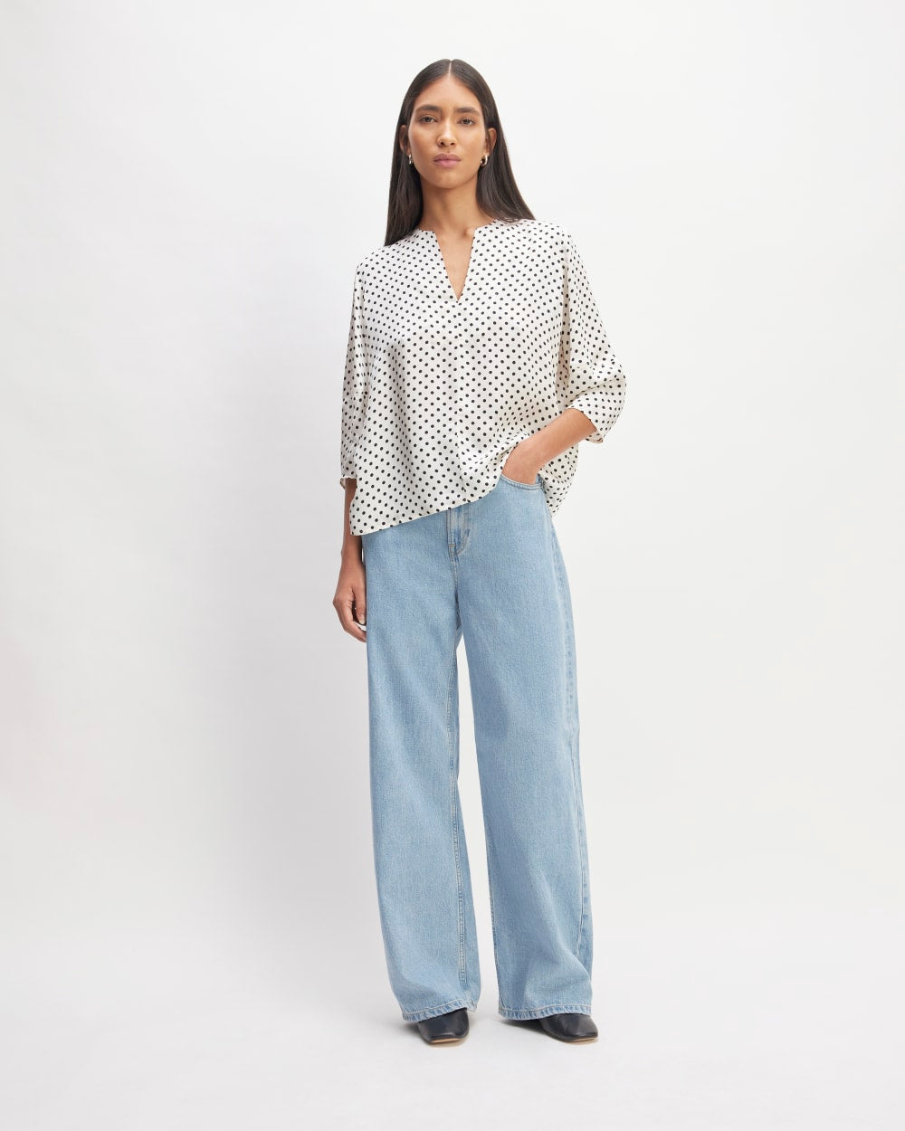 The Hammered Satin Balloon Sleeve Top in Bone / Black Polka Dot — detail view