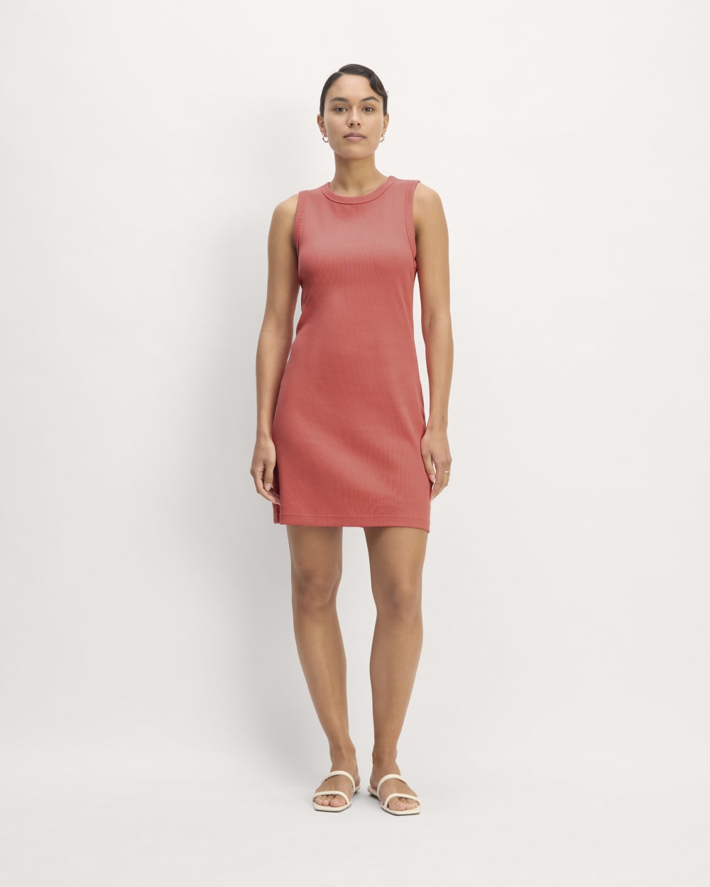 The Ribbed Mini Dress in Coral — front view