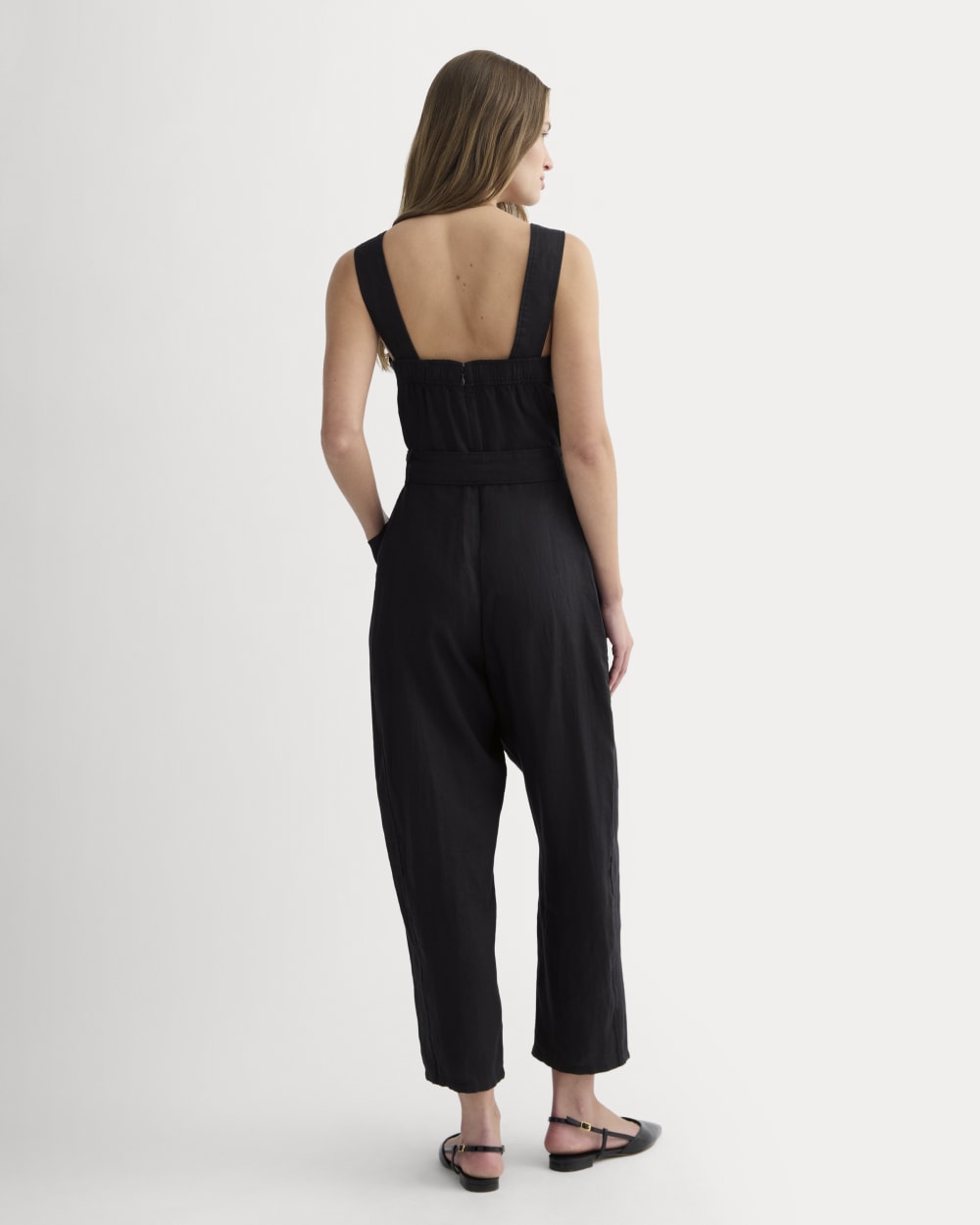 The Utility Coverall in Linen in Black — detail view