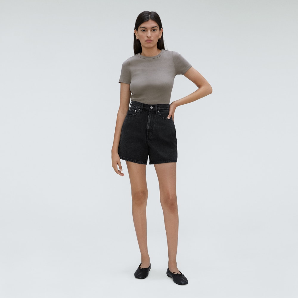The A-Line Denim Short in Storm Black — front view