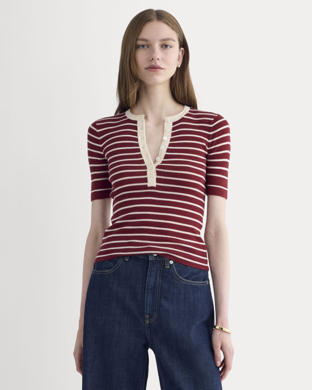 The Short-Sleeve Henley in Ultrasoft Merino in Merlot / Parchment — front view