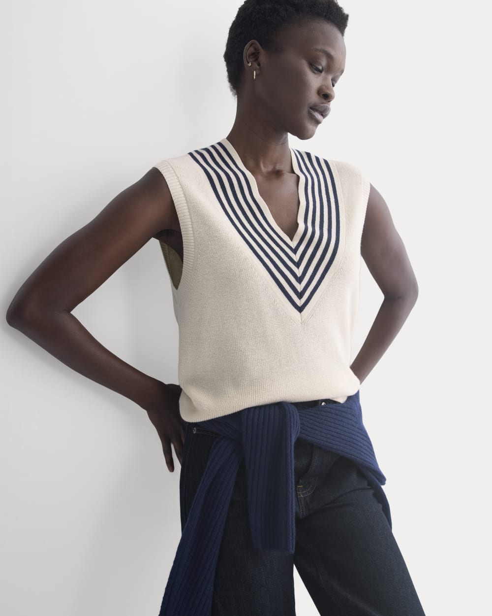 Relaxed V-Neck Vest in Cotton Merino in Canvas — front view