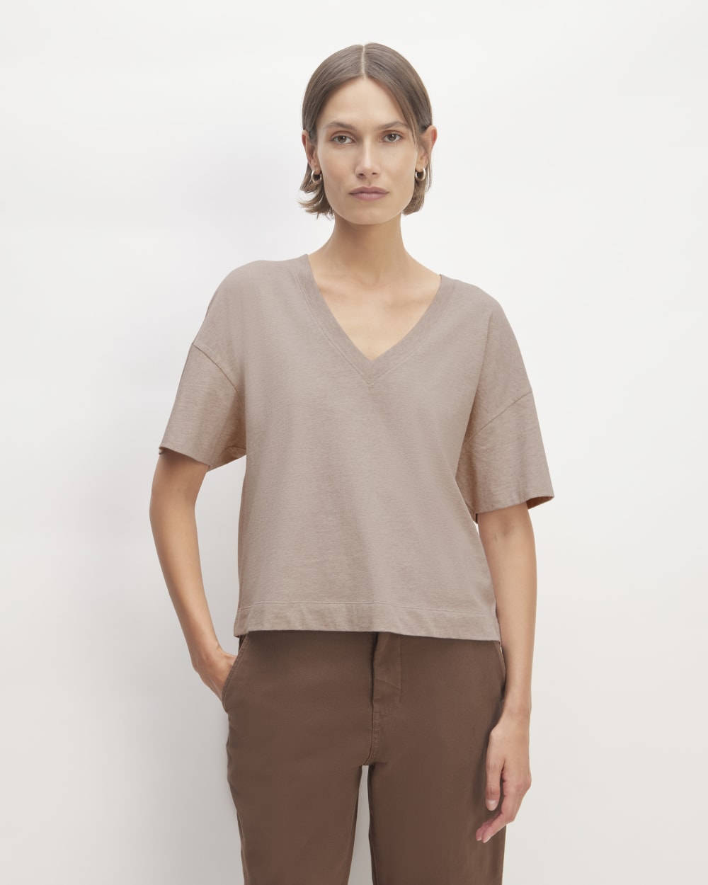 The Organic Cotton Slouchy V-Neck in Burnt Sugar — front view