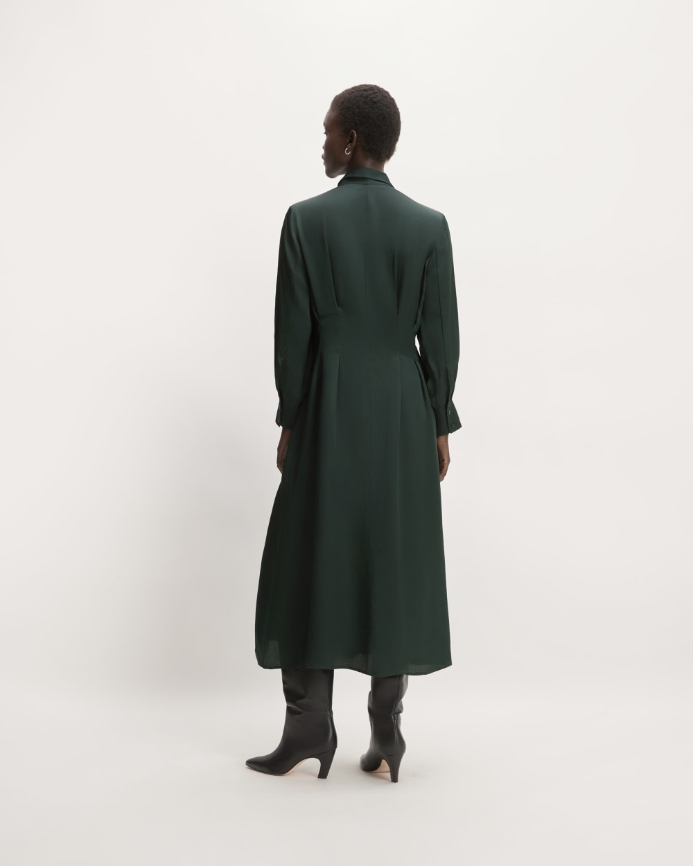 The Hammered Satin Shirt Dress in Scarab — detail view