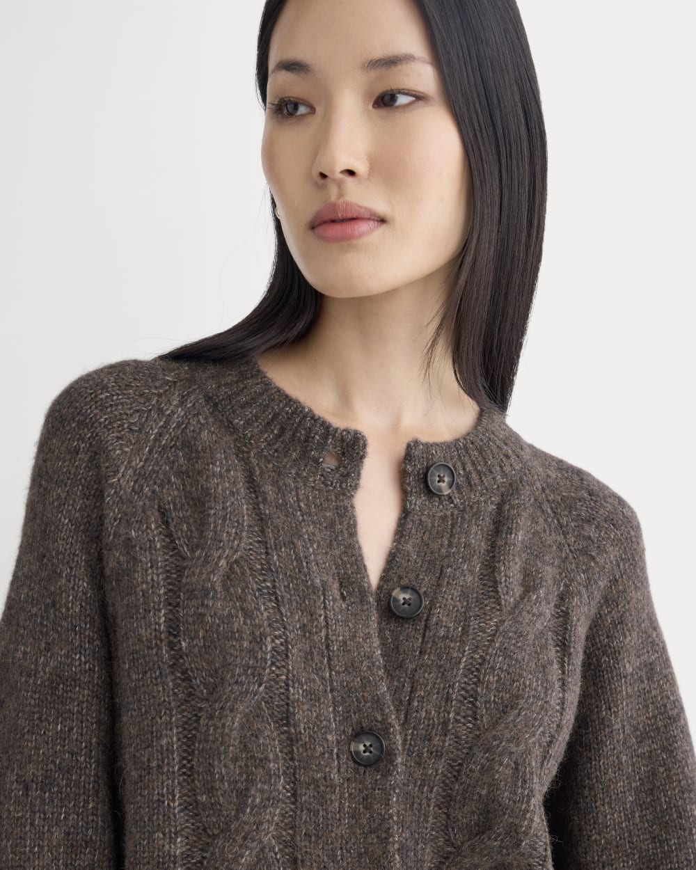 Cloud Cable Cardigan in Heathered Burgundy — detail view