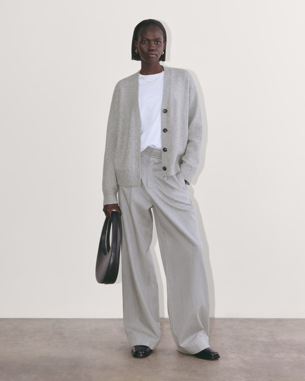 The Cocoon Cardigan in Plush Cotton in Heathered Grey — detail view