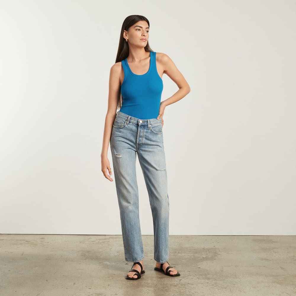 The Pima Micro-Rib U-neck Tank in Horizon Blue — detail view