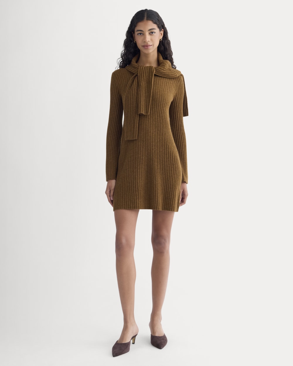 Cashmere Long-Sleeve Mini Dress in Heathered Toffee — front view