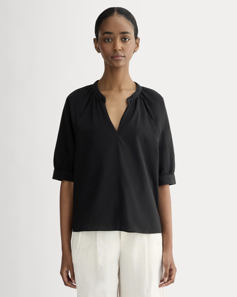 The Gauze Gathered Top in Black — front view