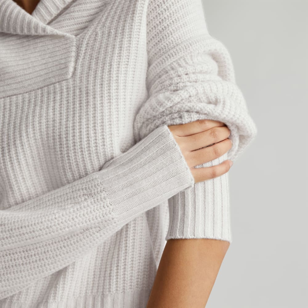 The Felted Merino Shawl Collar Sweater in Heathered Oat — detail view