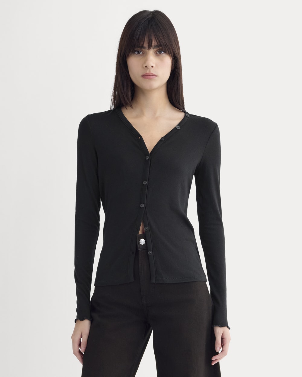 Sheer V-Neck Cardigan in Butterluxe in Black — front view