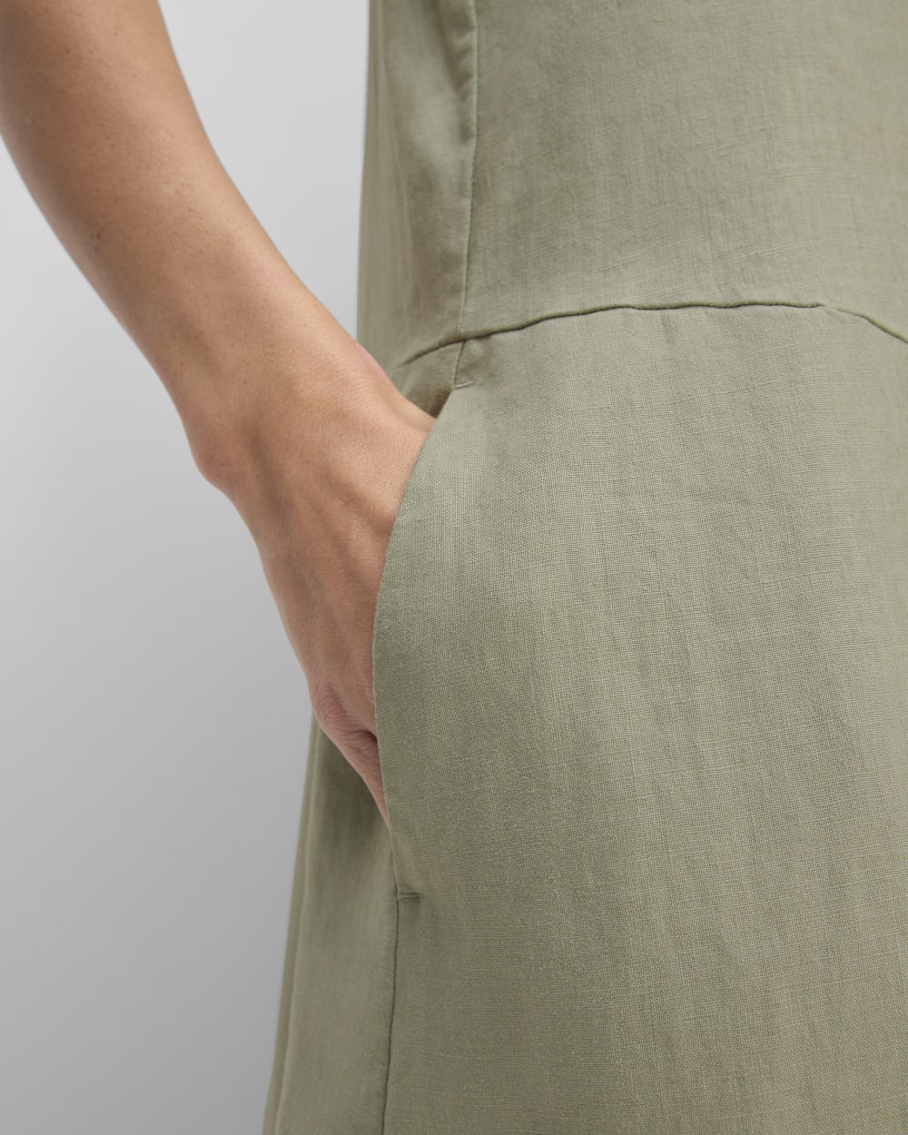 The Linen V-Neck Maxi Dress in Sage Green — detail view