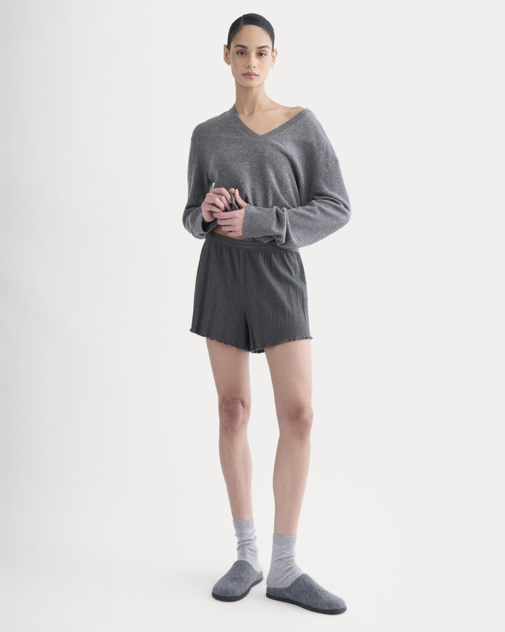 Lounge Rib Short in Heathered Soot — front view
