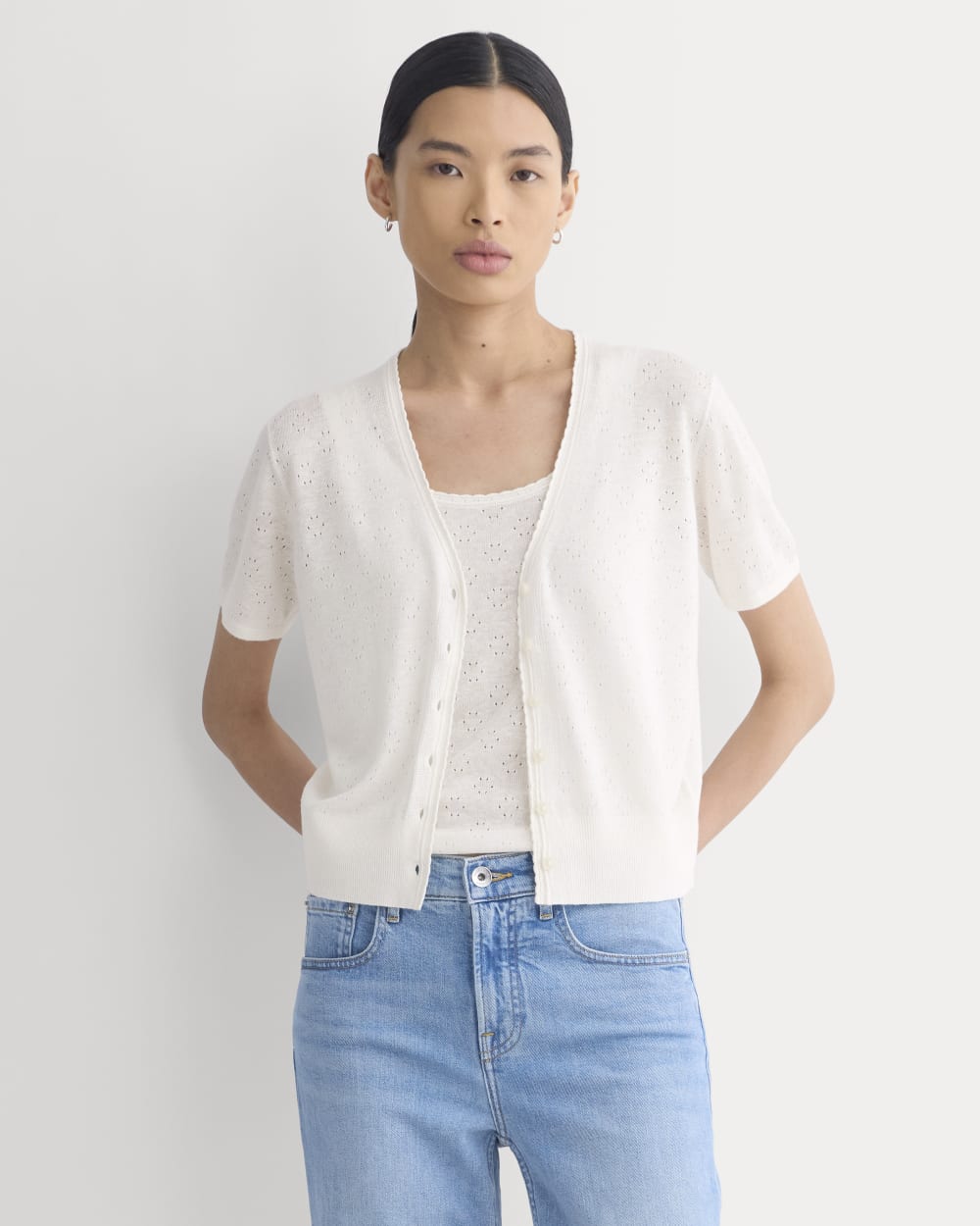 Lace Trim Cardigan in Fine Linen in Bone — front view
