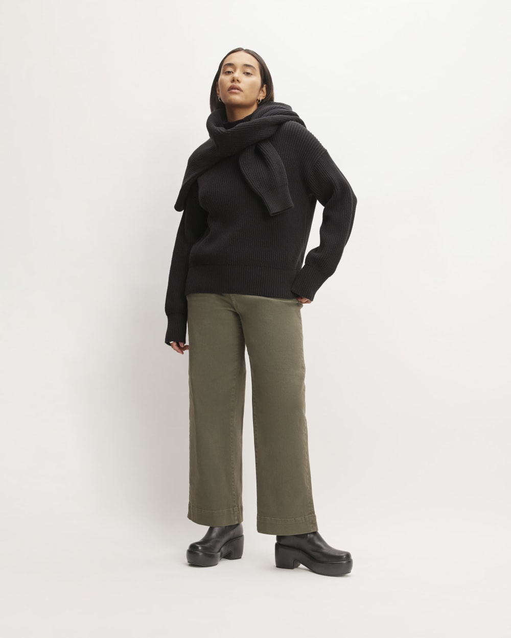 The Organic Cotton Ribbed Turtleneck in Black — detail view