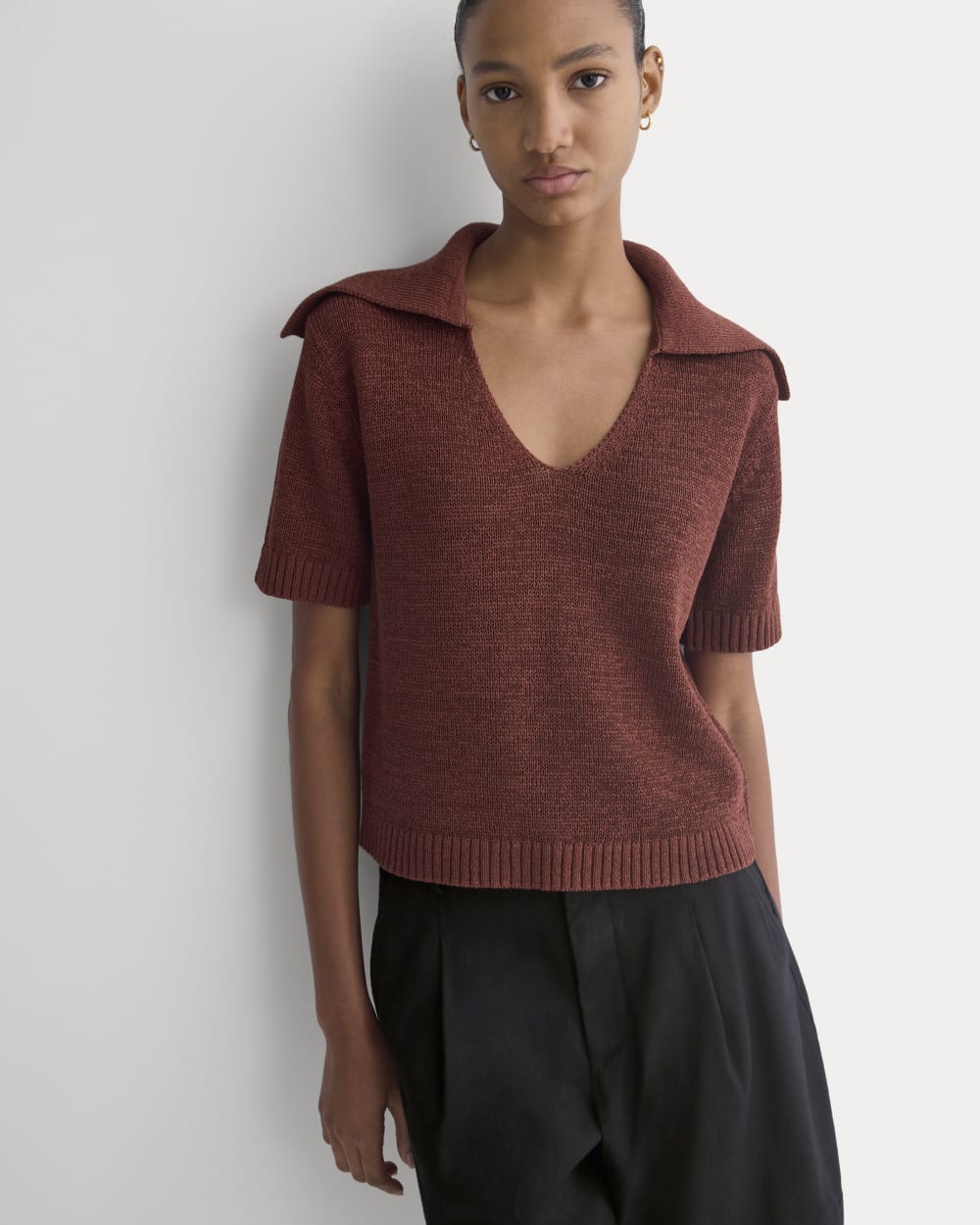 Open Collar Polo in Henna Red — detail view